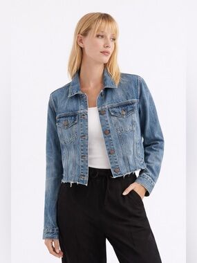 Gap 1969 Distressed Denim Jacket L Tall Raw Hem Medium Wash